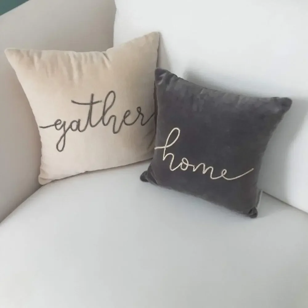 Primitives by Kathy GATHER Embroidered Creme Velvet 12x12 Square Throw Pillow